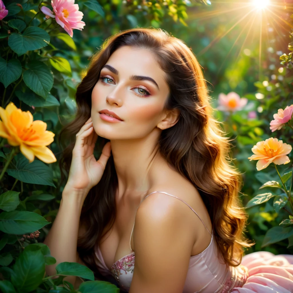  A beautiful woman of thirty years old , Well,  with hypnotizing eyes , long flowing hair,  and a confident facial expression .  She sits in a bright and colorful garden ,  surrounded by lush greenery and blooming flowers .  Sunlight seeps through the leaves , создавая мягкую и эфемерWellю обстановку.  A woman's skin is flawless and radiant ,  with a healthy glow .  His posture is relaxed , with one hand, lying on her knee ,  and the other gently touches the flower petal .  color palette The scene is captured in a dreamy and picturesque style ,  resembling a Renaissance portrait or an impressionist masterpiece .  The colors are bright and rich ,  with a cozy and attractive .  the lighting is soft and diffuse , , casting a soft light on a woman's face and emphasizing her subtle features.  Overall image quality ,  with with ultra-detailed textures and realistic visualization .  Work radiates a sense of calm , femininity,  e timeless beauty .