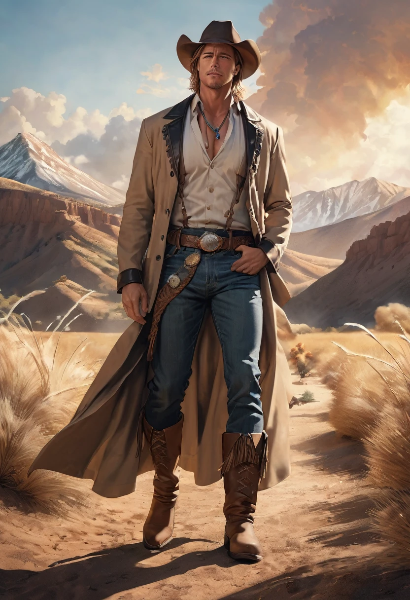 Japanese paintings, Ukiyo-e style, handsome cowboys who look like Brad Pitt, wearing (cowboy hats, duster coats, western shirts, vests, jeans, chaps, western boots, bolo ties, neckerchiefs, gun belts, turquoise and silver accessories), red soil wilderness, tumbleweeds, sandstorms, various effects, delicate and dynamic textures, contrasts of light and shadow, 2.5D, artistic photography, hyper realistic, digital graphic CG, BREAK ultra detailed, absolutely resolution, best quality