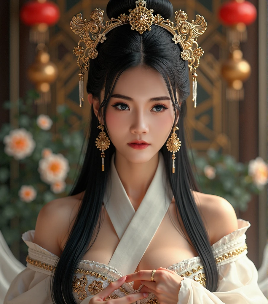 Chinese princess, a woman with long straight hair, , wears a luxurious white Chinese dress with long shoulders, an abundance of peacock pattern metal hair ornaments, high hair boxing in a palace with flowers, looking at the camera, holding a long white cloth, a lot of fabric flickering.