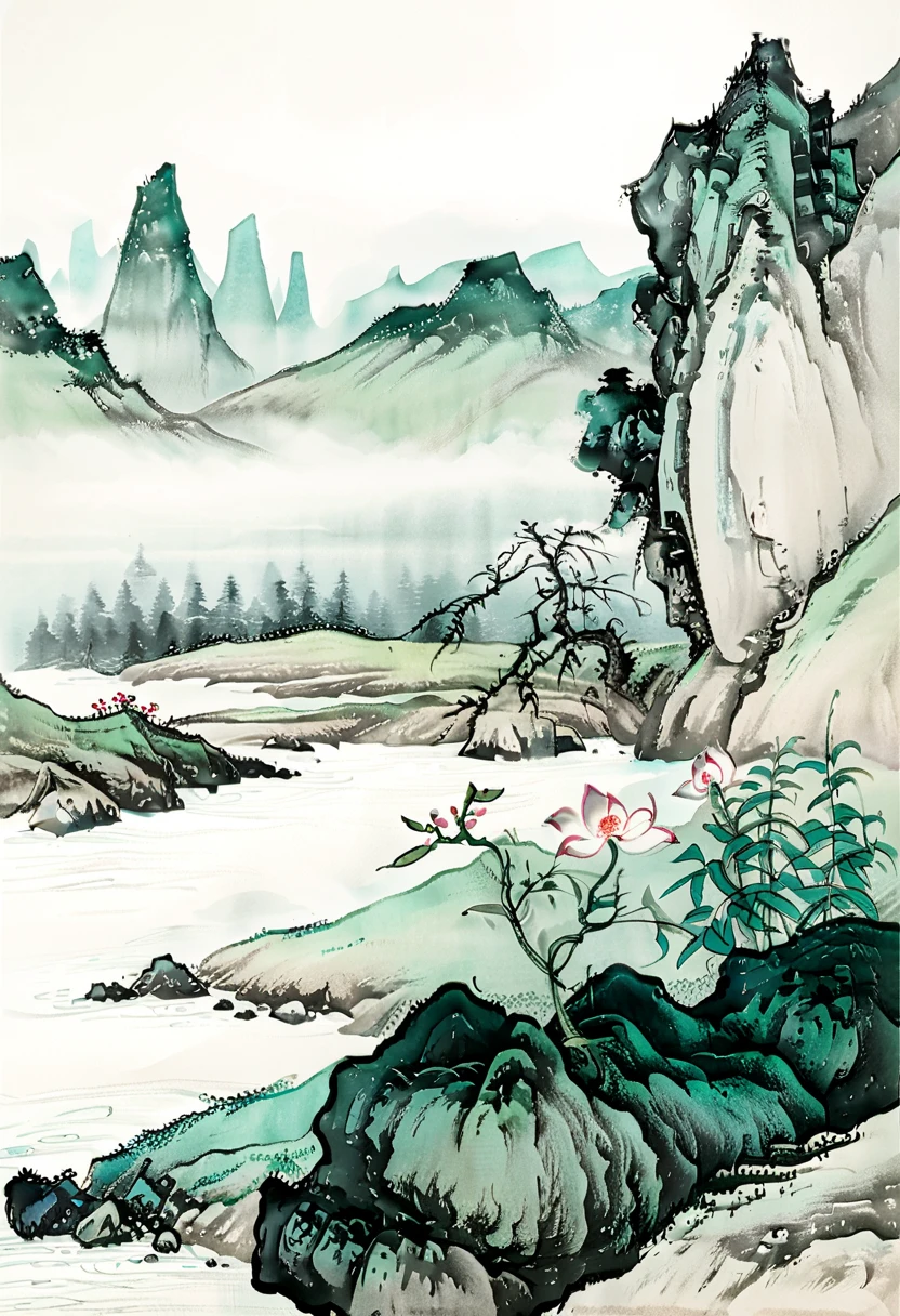 Ink Painting，qi baishi，hou dechang，chinese paintingink,Chinese Landscape Painting， garden scenery in northern China ，Ceramic art ，midsummer，morning，Golden Hour，lake，Pavilion，tower，Lotus Leaf，Lotus， flower bud ，（Lotus：1.3）， The whole scene is full of ink wash style， traditional Chinese brushwork ， pink oil painting using ， green use ， has the style of a Chinese artist ，（ Large areas of white ，One-third composition ：1：3）， official art ，羊皮纸Ink Painting，Ink Painting，（（Simplicity）），Simplicity，Minimalism，Beige gray ，White background，Mist，Distant Mountains，Ink Painting风格，Rice paper texture，clean，No text， quiet and ethereal ， HD resolution ， high quality 