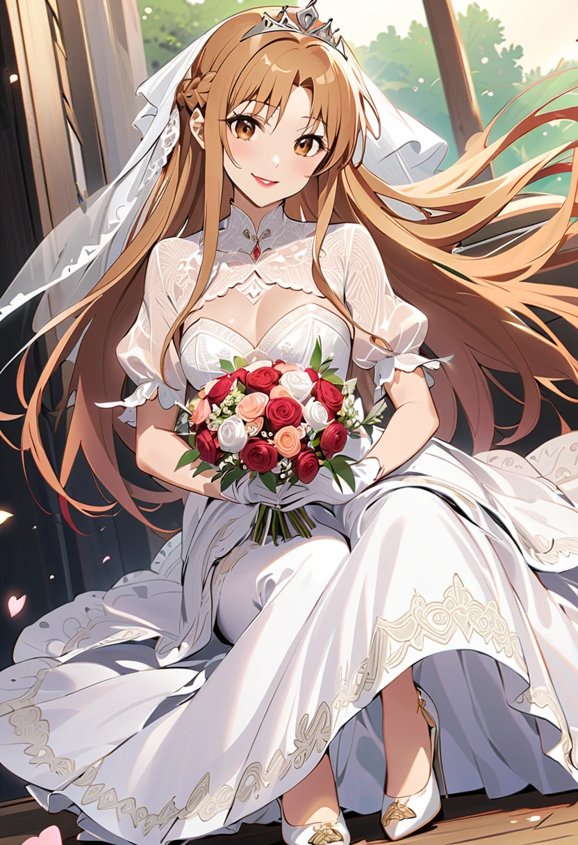 Highest quality、Super detailed、High resolution illustrations、Ultra-high-definition CG、8k size wallpaper、Production Art、Light novel illustrations、(1People Girls)、asuna yuuki, long hair, bangs, brown hair, brown eyes, very long hair, braid、dress, bare shoulders, detached sleeves, white dress, A smile full of happiness、???? sleeves、Gurwitz,(Bridal Veil:1.5)tiara、Cleavage cutouts、Red brooch、Wedding dress、White Dress、White Gloves、Long skirt、White Stockings、White stiletto heels、Holding a bouquet in both hands、Full Body、hyperrealistic、(spoken heart)