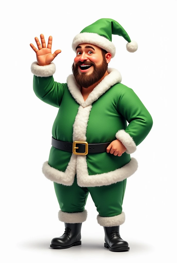 A man in a 3D watercolor 35 years old, dark tan skin, brown eyes, complete bald head. He has a tiny beard and goatee, he is tall, wearing a green Santa Claus outfit with white and fluffy details, and black boots. His expression is very happy and he is waving with his right hand. On his head, a green hat with white details. The image is centered, uncropped on a high-resolution white background.