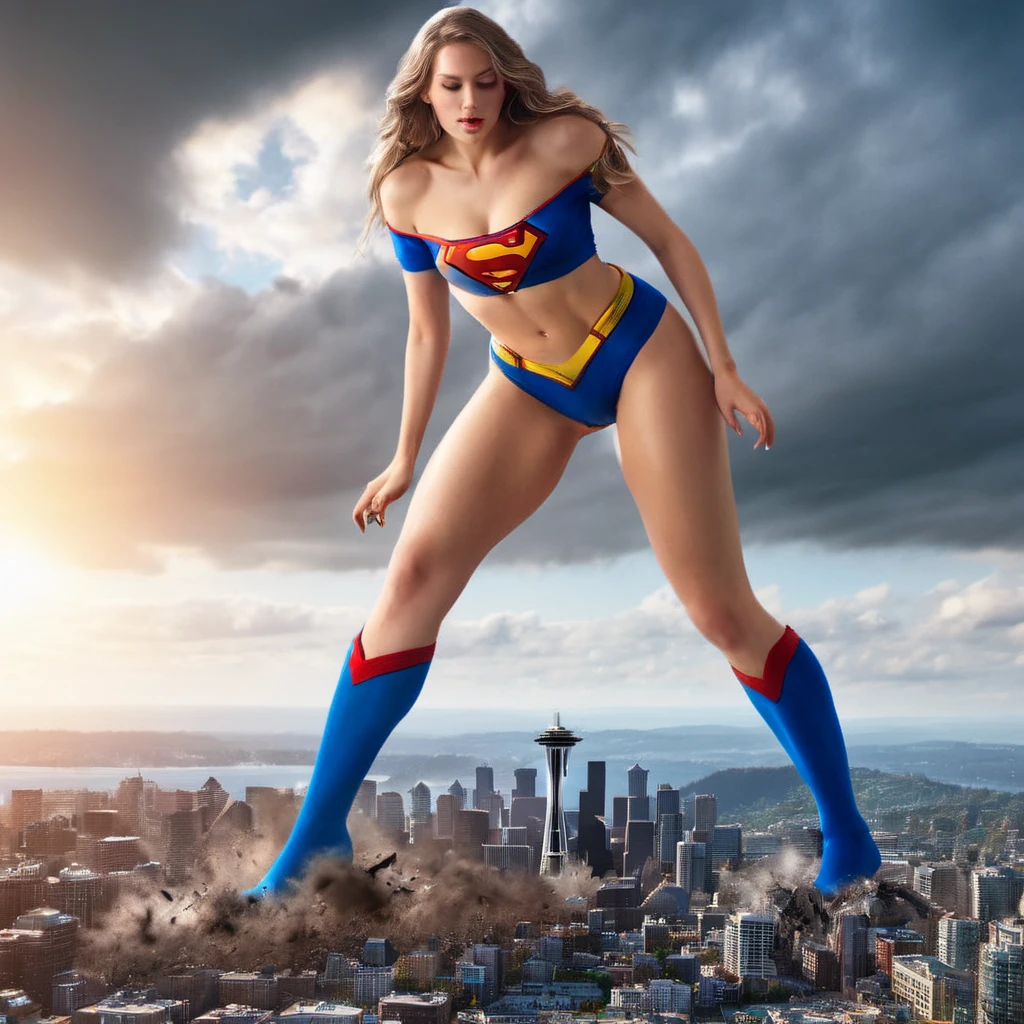 Giantess Beautiful  provocative sensual Supergirl wearing sexy Nipple Covers Only in Seattle, immense thighs, radiant otherworldly skin, chaotic destruction, swirling clouds and debris, fantasy, science fiction, dramatic lighting, cinematic, best quality, 4k, 8k, highres, masterpiece:1.2, ultra-detailed, realistic, photorealistic, photo-realistic:1.37, HDR, UHD, studio lighting, ultra-fine painting, sharp focus, physically-based rendering, extreme detail description, professional, vivid colors, bokeh