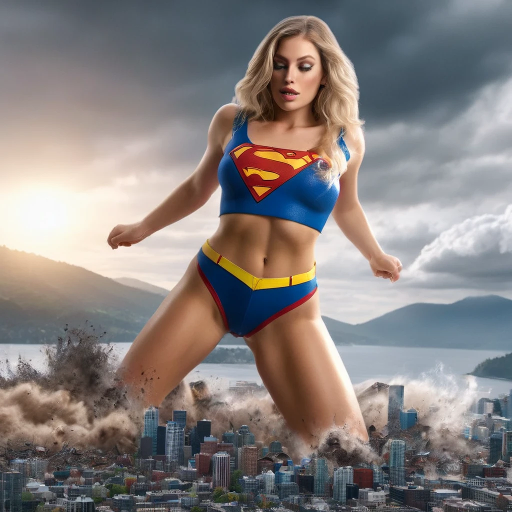 Giantess Beautiful  provocative sensual Supergirl wearing sexy Nipple Covers Only in Seattle, immense thighs, radiant otherworldly skin, chaotic destruction, swirling clouds and debris, fantasy, science fiction, dramatic lighting, cinematic, best quality, 4k, 8k, highres, masterpiece:1.2, ultra-detailed, realistic, photorealistic, photo-realistic:1.37, HDR, UHD, studio lighting, ultra-fine painting, sharp focus, physically-based rendering, extreme detail description, professional, vivid colors, bokeh