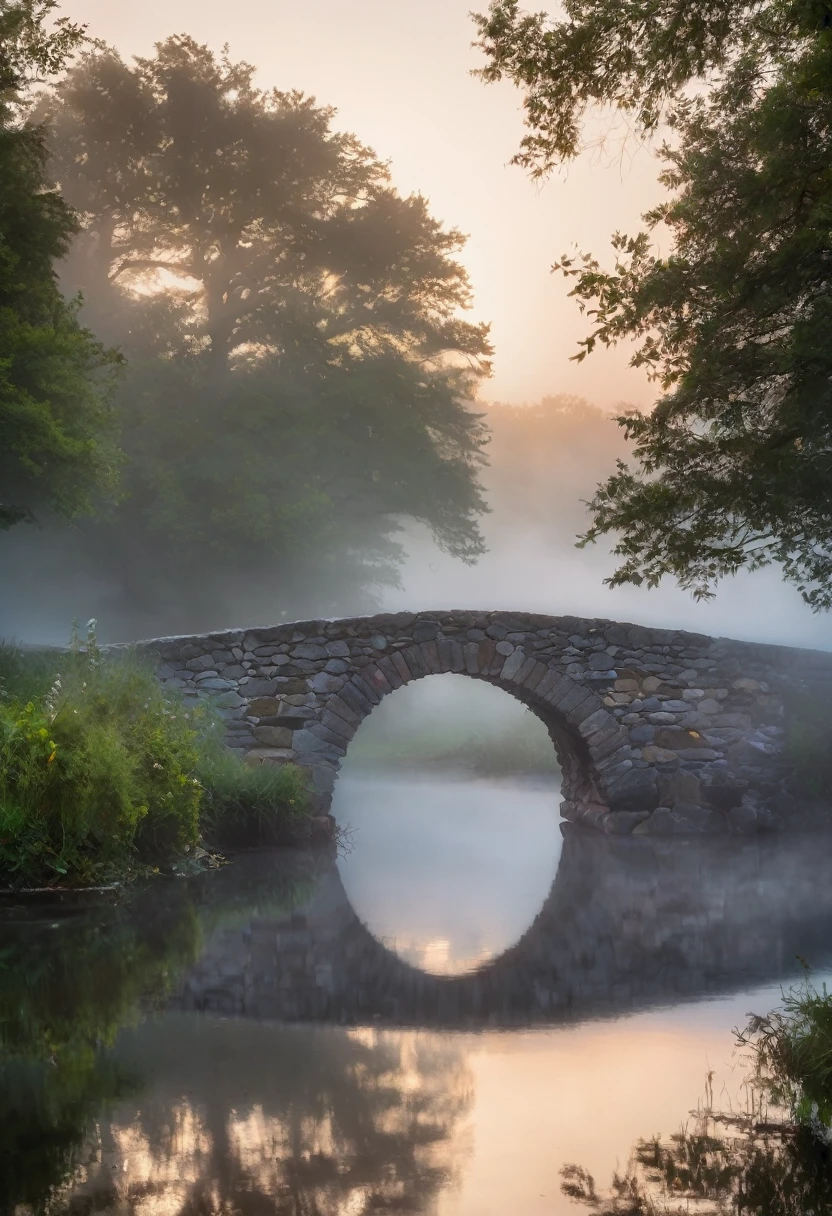 fog, OLD STONE BRIDGE , Quiet Lake, dawn, Soft Light, reflection,  mystic