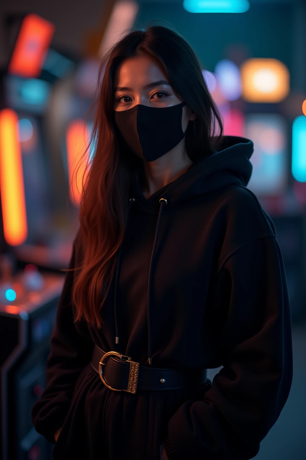 Film lighting, (key light: 45 degrees forward, aux light, backlight, shadows, blue and orange color palette), accurate human body, detailed people, correct five fingers, RAW photo, 4K - super clear, top quality, masterpiece, super high resolution, (reality: 1.4), young beautiful long brown hair Asian woman ,,
((((oilskin,sparkling skin,realistic skin texture,beautiful skin detail,shiny skin,shiny skin))),
Upper body shot, Border depth is written, Focus on center, Beautiful eyes, Perfect face and eyes, Wearing belt with gold hardware at waist
in arcade, game console, game console, long brown hair , black hoodie with pockets, black hoodie, black face mask, piercing, slender, standing, naughty
absolute area, absurd determination, absurd details, top quality, , forehead ,