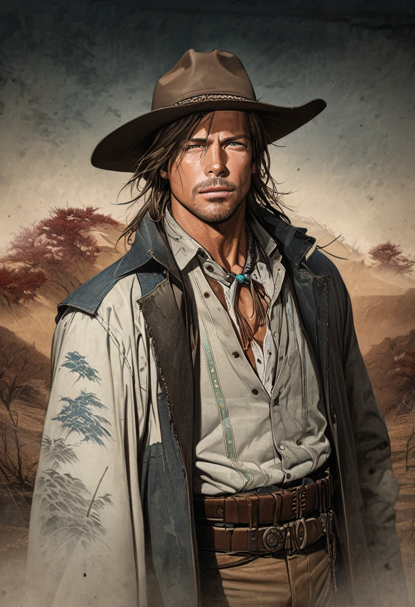 Japanese paintings, Ukiyo-e style, handsome cowboys who look like Brad Pitt, wearing (cowboy hats, duster coats, western shirts, vests, jeans, chaps, western boots, bolo ties, neckerchiefs, gun belts, turquoise and silver accessories), red soil wilderness, tumbleweeds, sandstorms, various effects, delicate and dynamic textures, contrasts of light and shadow, 2.5D, artistic photography, hyper realistic, digital graphic CG, BREAK ultra detailed, absolutely resolution, best quality