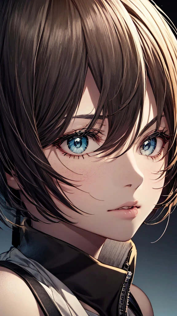 Anime girl with short hair and a black top looking at the camera,  Mikasa Ackerman , Yagami Light, profile of Anime girl, Anime.  soft writing, Yagami Light, Anime lighting, smooth Anime cg art, high detailed face Anime, Super detailed. Anime, dramatic lighting-n 9 , Anime girl portrait profile