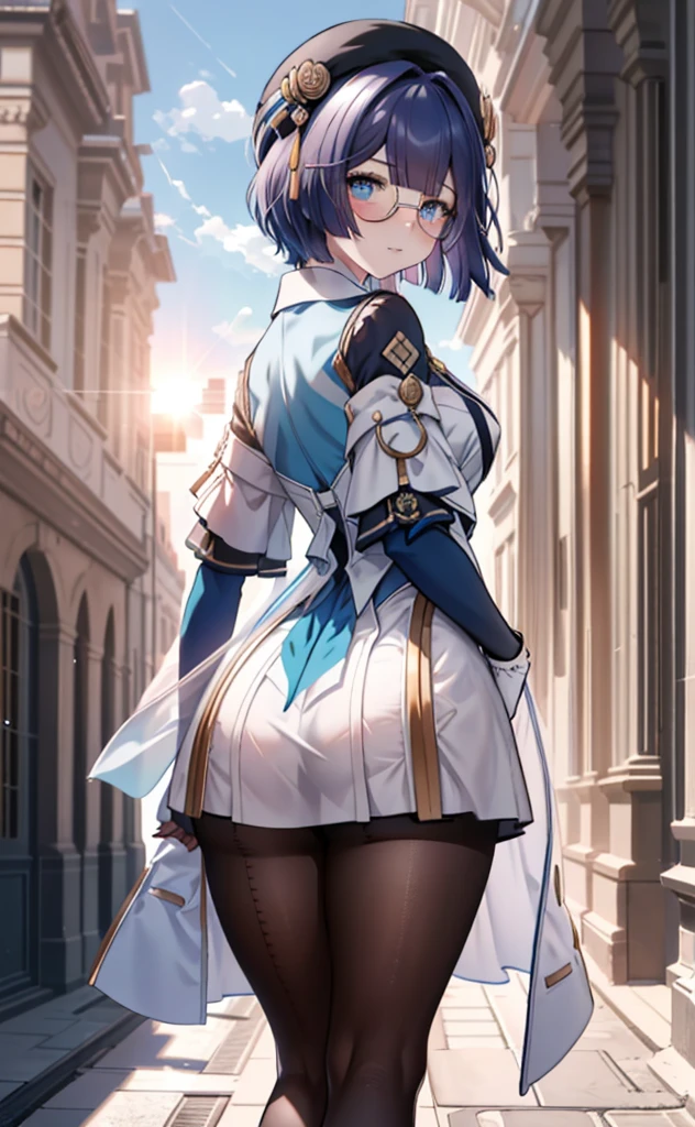 [pelaV4], ((masterpiece)), ((HD)), ((high res)), ((solo portrait)), ((back view)), ((lower-angle view)), ((ass focus)), ((beautiful render art)), ((anime)), ((detailed shading)), {woman; (cute blue eyes, short eyelashes, short blue hair, (curvy hips), (beautiful legs), (blushing), (cute smirk)}, {(knight uniform), (short white dress), (see-through pantyhose), (round glasses on face)}, {(standing), (looking back at viewer)}, [Background; (courtyard), (sunrise), (sun rays), (ambient lighting)]