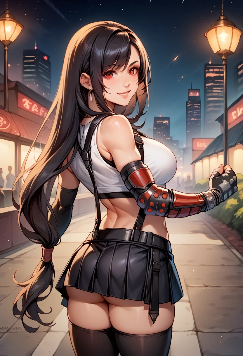 score_9, score_8_up, score_7_up, BREAK, score_9, smile, 7rtif, red eyes, black hair, low-tied long hair, earrings, sports bra, black suspenders, pleated miniskirt, black thighhighs, arm guards, elbow gloves, fingerless gloves, looking at viewer, cowboy shot, ass, from behind, night, city