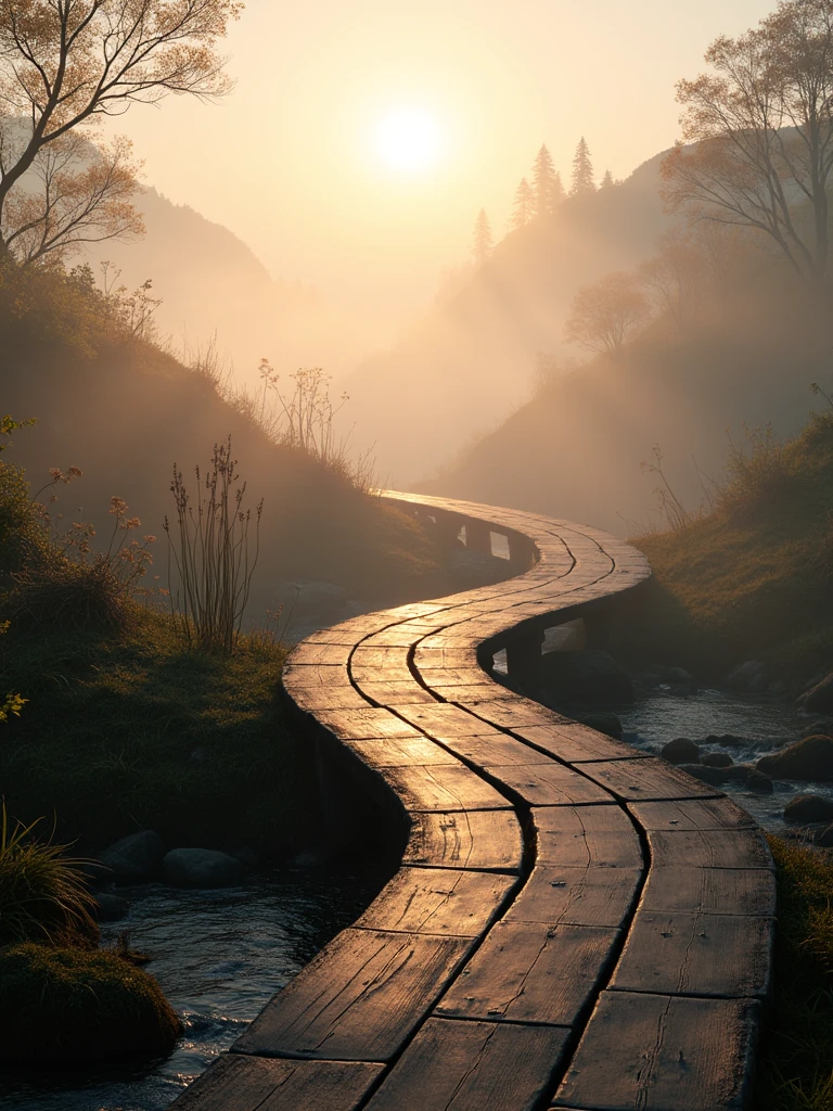 A curved wooden bridge over a small, gently flowing stream in a secluded valley | thick morning fog blanketing the scene, gradually lifting as the soft rays of dawn break through | warm orange and golden sunlight creating subtle gradients in the mist | delicate dew on the bridge’s wooden planks, reflecting the first light | faint silhouettes of birds flying low across the scene, blending with the hazy atmosphere | tranquil environment with realistic vegetation surrounding the bridge | cinematic color grading: warm tones with soft contrast | hyper-detailed textures on wood and water | serene and natural aesthetic | ultra high-resolution, 8K.”