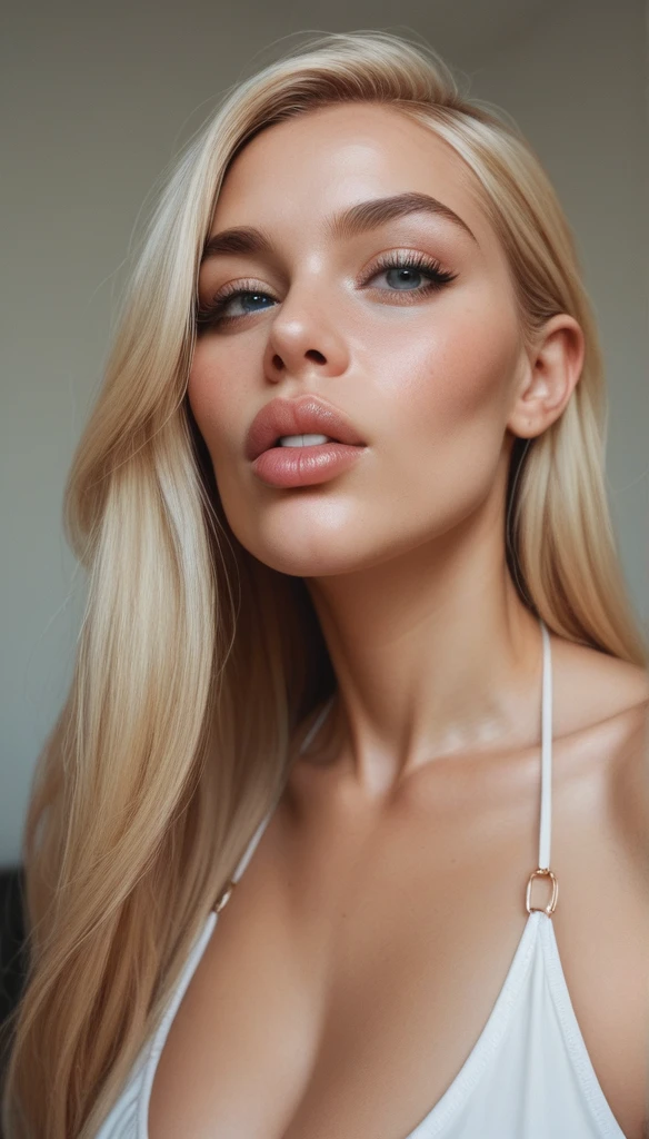 Victoria Lopyreva. portrait. Beautiful young girl. (Fake Lips, huge lips, lip filler, sexy lips, bimbo lips). Instagram model. platinum blonde. Gray background