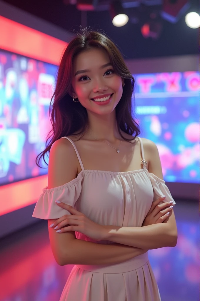 close-up of beautiful korean female, 34 inch breasts size, wavy hair, red ribbon on head, wearing v-neck tank top, necklace, playing game arcade, in Sega center, bokeh background, Polaroid photo, UHD