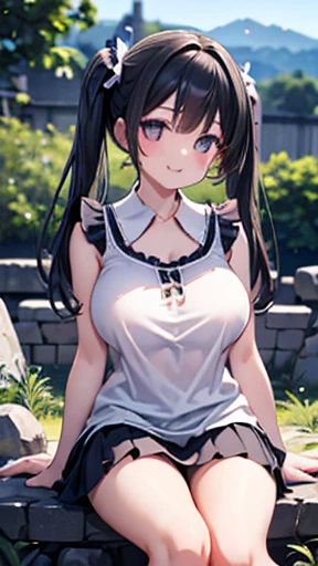 high quality, masterpiece, Super detailed, 1 girl, and clearly visible, alone, Torn black lace latex bikini,Maid tiara,Tape closure,Tie up all over with tape,BDSM,handcuffs,collar,calm expression,shy,bright red lips,handcuffs,collar,long black hair, charming pink eyes, fox ears, Ridiculously big, shiny skin, sit on the grass,hands behind back,Bright wilderness,grassland,waterside