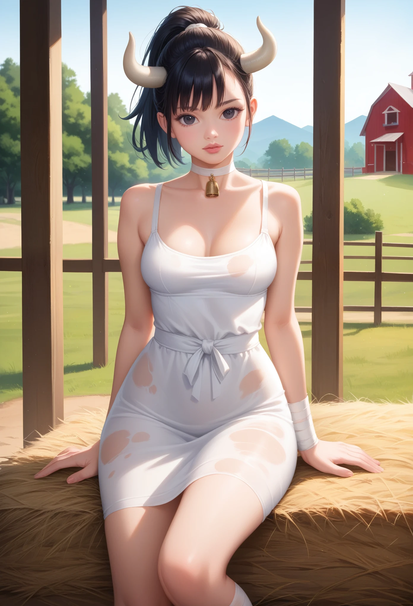 dororo, black hair, ponytail, choker, black eyes, bandages, wrist wrap, ankle wrap, masterpiece, best quality, photorealistic, 1girl, solo, looking at viewer, , depth of field, (watercolor illustration, soft pastel colors:1.1), realistic, dororo, huge hips. small saggy breasts. huge hips. choker. сow horns. cow dress. farm. bales of hay.
