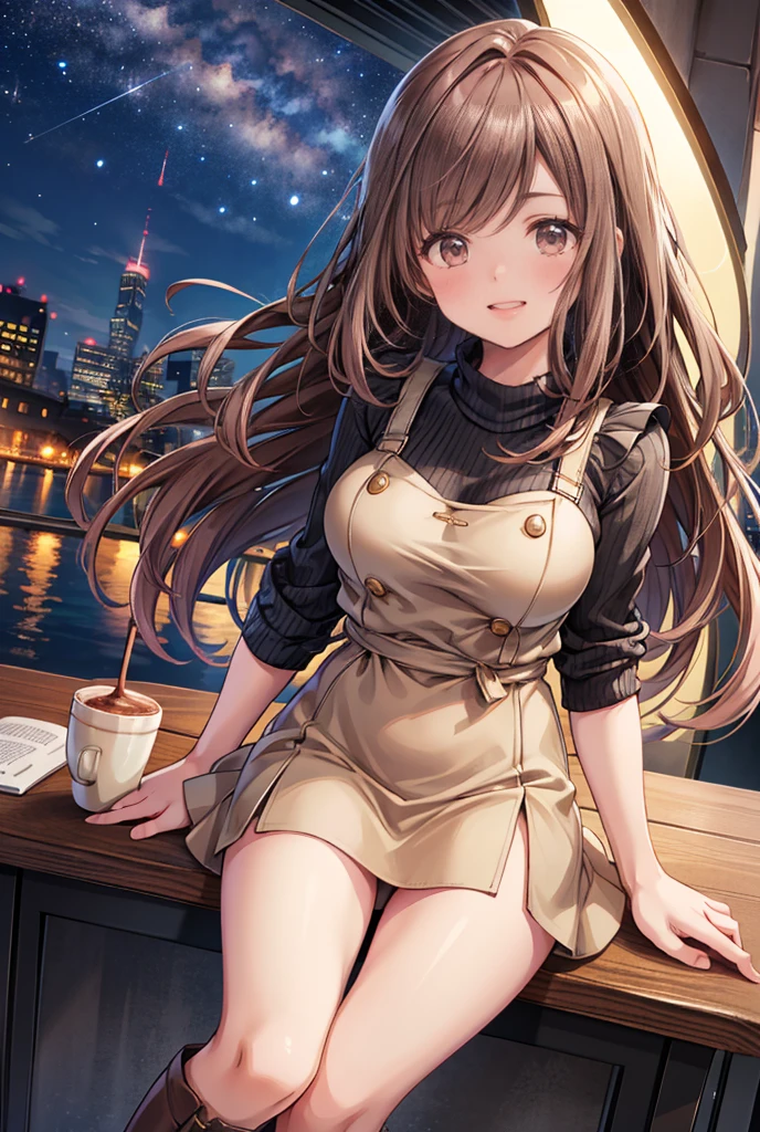  1 girl, solo,  High Resolution , Long Hair, (Large Breasts),  looks,  blushes, smile, Brown Hair, masterpiece, accurate,  anatomically correct,  Multiple Award Winners ,  detail,  high definition models, 高い detail, high quality,  very detailed , Retina,  textured skin,  ultra-fine, whole body, Italian cityscape, Black sweater,  beige miniskirt, Brown long boots, Italian cafe , autumn, night, Starry Sky, Terrace seats, Cooking on the desk,  sit on a chair,  brown eyes , smile, Open your mouth,Accentuate your lower body,  Knee-High Socks , holding a coffee cup, Panty shot, Pink underwear, Spread your legs, Close your eyes,