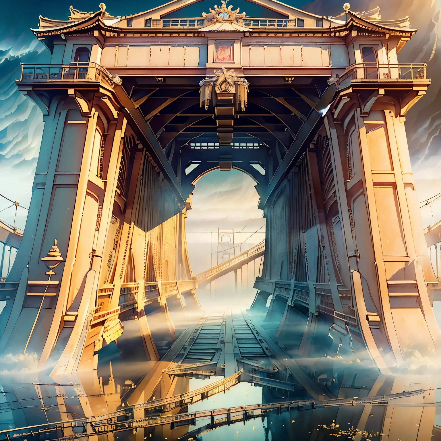 ((masterpiece)), ( best quality), ( Details), ( hyperreal), (Illustration), ( high definition ), (32K), (非常に Detailsな), (best Illustration), ( Official Art), {{masterpiece,  best quality,  extremely detailed CG ,  unity 8k Wallpaper  ,  Movie Lighting}}, ((An old bridge in the fog)), ((Close up the entire bridge))