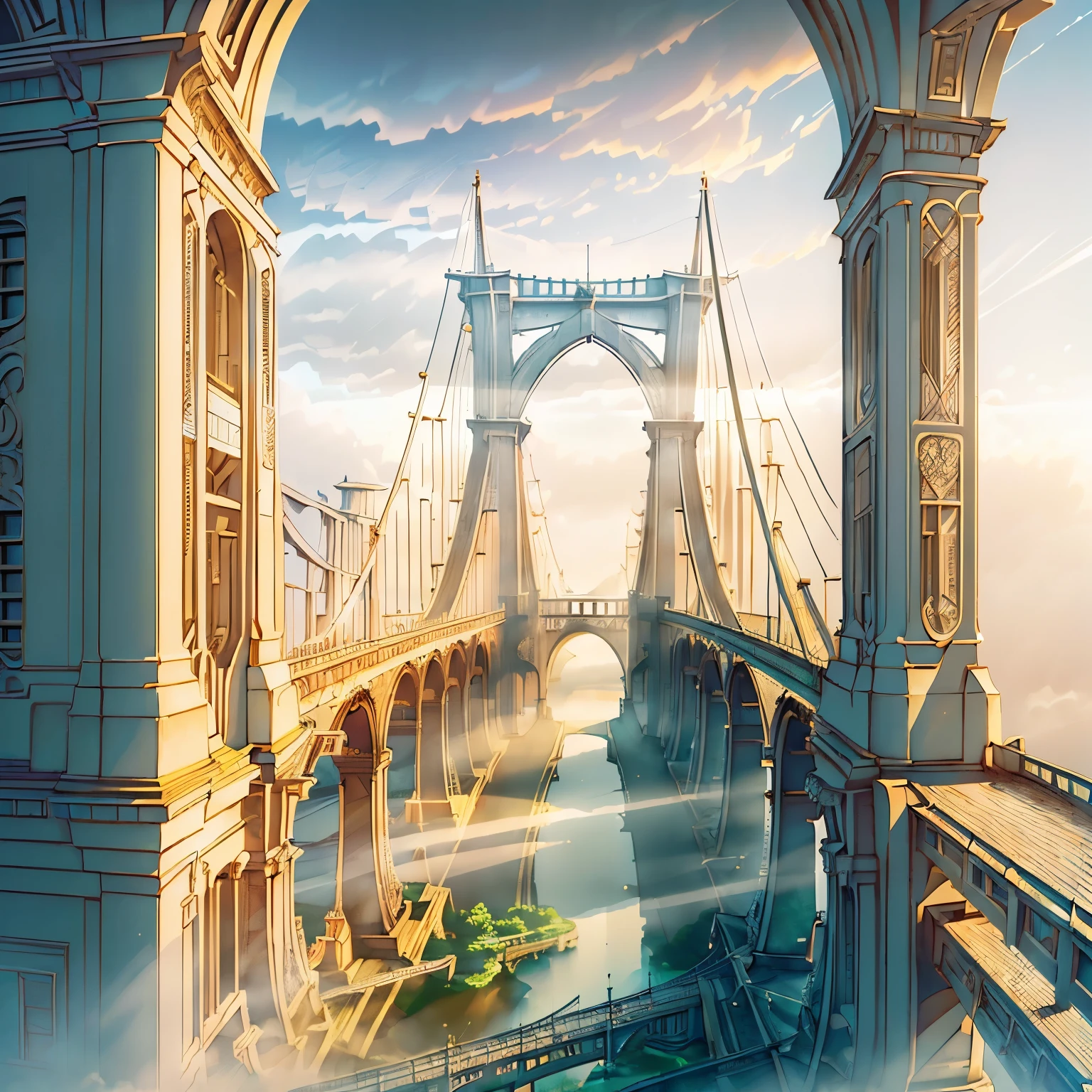 ((masterpiece)), ( best quality), ( Details), ( hyperreal), (Illustration), ( high definition ), (32K), (非常に Detailsな), (best Illustration), ( Official Art), {{masterpiece,  best quality,  extremely detailed CG ,  unity 8k Wallpaper  ,  Movie Lighting}}, ((An old bridge in the fog)), ((Close up the entire bridge))