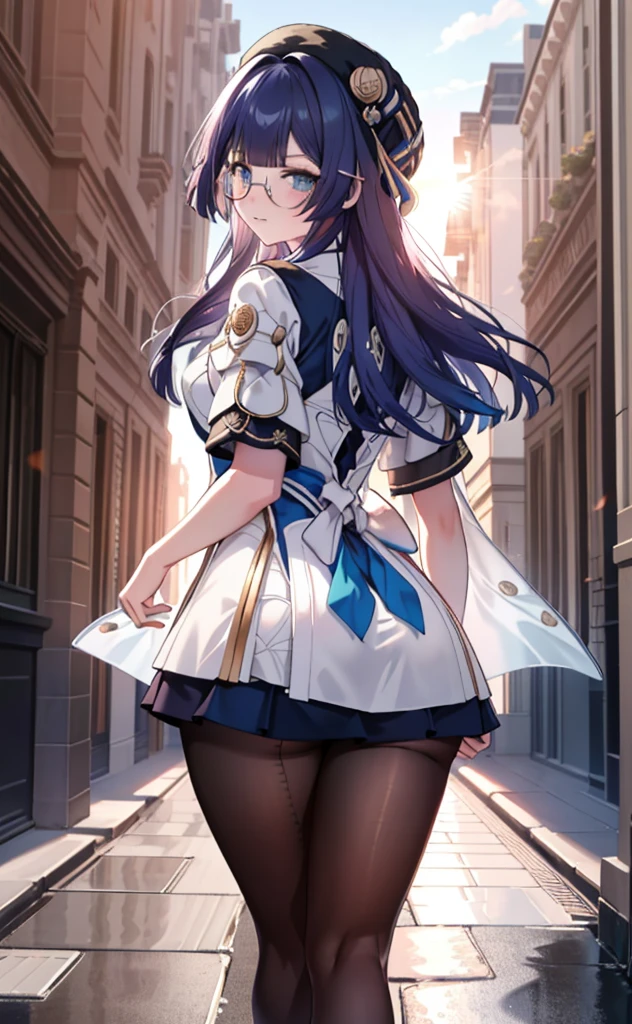 
[pelaV4], ((masterpiece)), ((HD)), ((high res)), ((solo portrait)), ((back view)), ((lower-angle view)), ((ass focus)), ((beautiful render art)), ((anime)), ((detailed shading)), {woman; (cute blue eyes, short eyelashes, long hair, (curvy hips), (beautiful legs), (blushing), (cute smirk)}, {(knight uniform), (short white dress), (see-through pantyhose), (round glasses on face)}, {(standing), (looking back at viewer)}, [Background; (courtyard), (sunrise), (sun rays), (ambient lighting)]