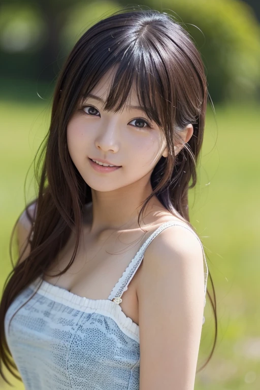  Realistic Photo Quality 、A Japanese model in a blue dress is posing for a photo, realistic  young gravure idol  ,  young cute gravure idol ,  young gravure idol  ,  young sensual gravure idol ,  young skinny gravure idol ,  looking at the camera、Detailed and beautiful eyes、 cute smile、Relaxed, soft, and gentle expression 