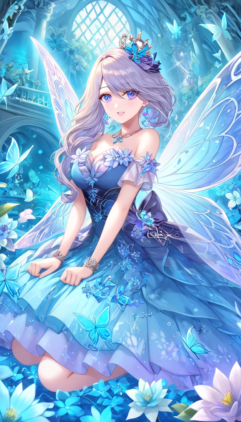 A beautiful and delicate hydrangea fairy with intricate butterfly-like wings adorned with vibrant blue and purple floral patterns. The fairy has an ethereal appearance, wearing an elegant dress made of layered hydrangea petals with soft pastel tones. Her hair is dark and flows gracefully, decorated with a crown of blooming hydrangeas. She is kneeling in an enchanted forest during gentle rainfall, with hydrangeas blooming all around her. The atmosphere is magical and serene, with raindrops glistening in the soft light. Highly detailed textures on the wings, dress, and flowers, with a dreamy and mystical ambiance.