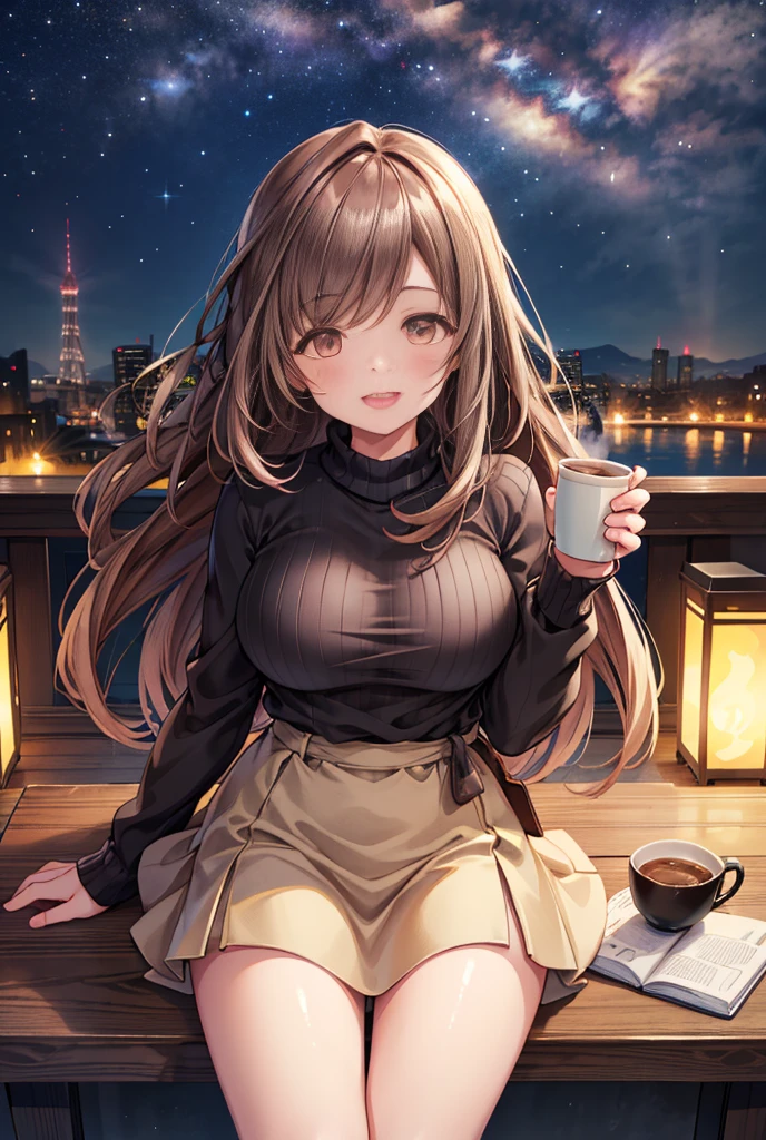  1 girl, solo,  High Resolution , Long Hair, (Large Breasts),  looks,  blushes, smile, Brown Hair, masterpiece, accurate,  anatomically correct,  Multiple Award Winners ,  detail,  high definition models, 高い detail, high quality,  very detailed , Retina,  textured skin,  ultra-fine, whole body, Italian cityscape, Black sweater,  beige miniskirt, Brown long boots, Italian cafe , autumn, night, Starry Sky, Terrace seats, Cooking on the desk,  sit on a chair,  brown eyes , smile, Open your mouth,Accentuate your lower body,  Knee-High Socks , holding a coffee cup, Panty shot, Pink underwear, Spread your legs, Close your eyes,