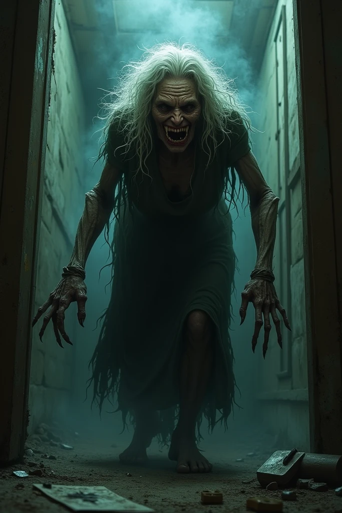 Masterpiece, best Quality, (ultra realistic portrait of WITCHL4D:1.7, zombie:1.65), (extremely detailed CG:1.2), (upper nude:1.2, white panty:1.1, white hair:1.2, detailed ultra long shaped nail:1.55, roll her eyes back:1.3), (detailed face:1.2, detailed eyes), Sharp Focus, (crouch down:1.3, in the abandoned hut:1.3), Cinematic poster, (ultra huge breasts:1.5, realistic nipples:1.15), (dark atmosphere:1.3), full body shot,