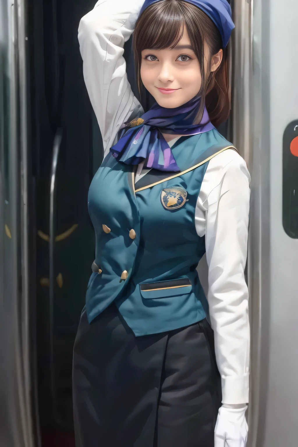 (masterpiece:1.2, best quality:1.2), 32kHDR, kampala, (Alone、 1 girl)、(What is 、 Professional Lighting)、In-flight background、(Nankai Train crew uniformを着たリアルなスタイル)、((Nankai train crew uniform green vest))、(( Nankai train crew uniform collarless white long sleeve blouse)) 、((Black Curly Culotte Skirt 、Scarf around the neck))、 Dark brown hair 、( Long Hair、Hair tied up、Hair tied up)、 Dark brown hair 、 Long Hit 、Big Breasts、Thin legs、((Great hands:2.0)),(( Harmonious Body Proportions :1.5)),((Normal limbs:2.0)),((Usually refers to:2.0)),(( DELICATE EYES:2.0)),((Normal eyes:2.0)))、smile、(Nankai Train crew uniformを着た美しい姿)、Hands clasped underneath