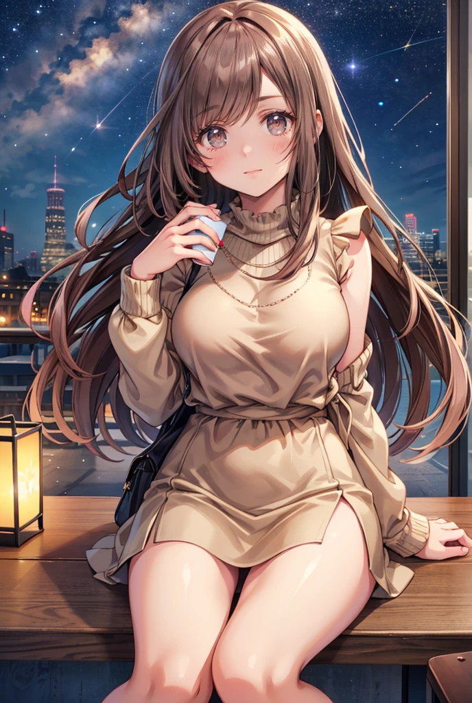  1 girl, solo,  High Resolution , Long Hair, (Large Breasts),  looks,  blushes, smile, Brown Hair, masterpiece, accurate,  anatomically correct,  Multiple Award Winners ,  detail,  high definition models, 高い detail, high quality,  very detailed , Retina,  textured skin,  ultra-fine, whole body, Italian cityscape, Black sweater,  beige miniskirt, Brown long boots, Italian cafe , autumn, night, Starry Sky, Terrace seats, Cooking on the desk,  sit on a chair,  brown eyes , smile, Open your mouth,Accentuate your lower body,  Knee-High Socks , holding a coffee cup, Panty shot, Pink underwear, Spread your legs, Close your eyes,