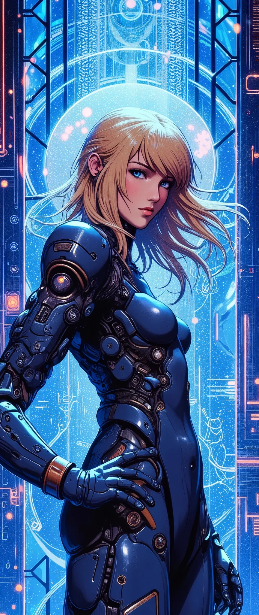 (masterpiece, best illustration,Super detailed),( android woman),(front:2.0),( beautiful face),( beautiful eyes),( is looking over here:2.0),(Serious:2.0),( hair that flutters like:2.0),(The background is a blue hologram with a large blue lattice pattern),( detailed hands :2.0),(Beautiful female hands:2.0),(Neon colored planetary groups in the background:2.0)