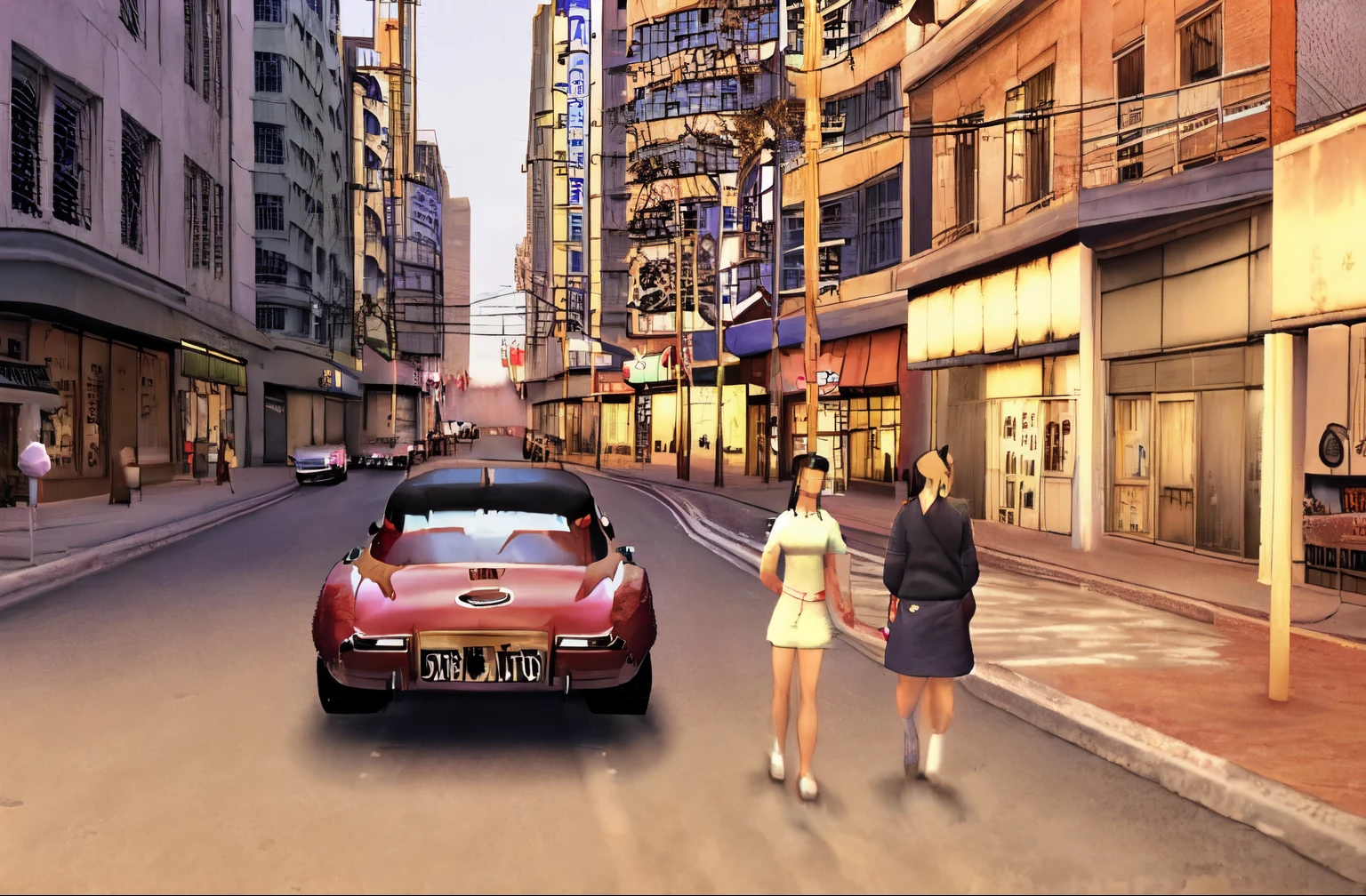  ps2 style, 1960s city with trees,  japanese buildings, a red car, brick wall