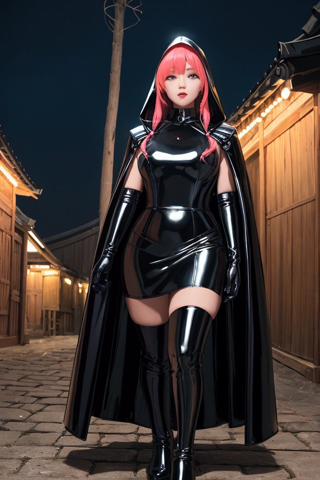 south korea women hood up latex coat with long sleeve cape and latex long wide Skater skirt very higth latex heel and latex gloves equipped hidden blade in medieval south korea village in summer at night, and walk ,4K sophisticated and highly detailed, ultra hd, realistic, hyper detailed, enhanced colours, ultra sharp focus, with vibrant, rich in details High quality, gorgeous, captivating, 8k, super detailed, detailed lines, walk , at night, she slits a person's throat