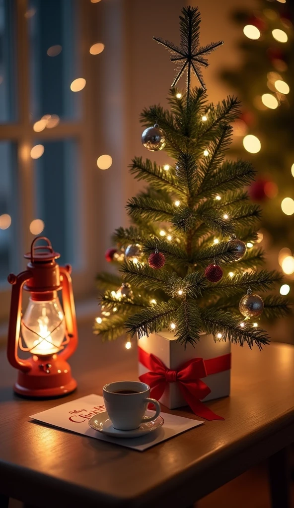   high quality photo .  Minimalist style Ultra clear HD  . 木桌上有銀色飾  high quality photo .  Minimalist style Ultra clear HD  .   A small Christmas tree with silver decorations on a wooden table with Christmas decorations. Exquisite little gift  . red bow .  on a card with cute font ,  that says “Merry Christmas”  !.  Minimalist clear glass camping lamp  .  Glass candle  .  White porcelain coffee cup  . Wild Bokeh background  ，  A beautiful night light adds a romantic Christmas atmosphere  