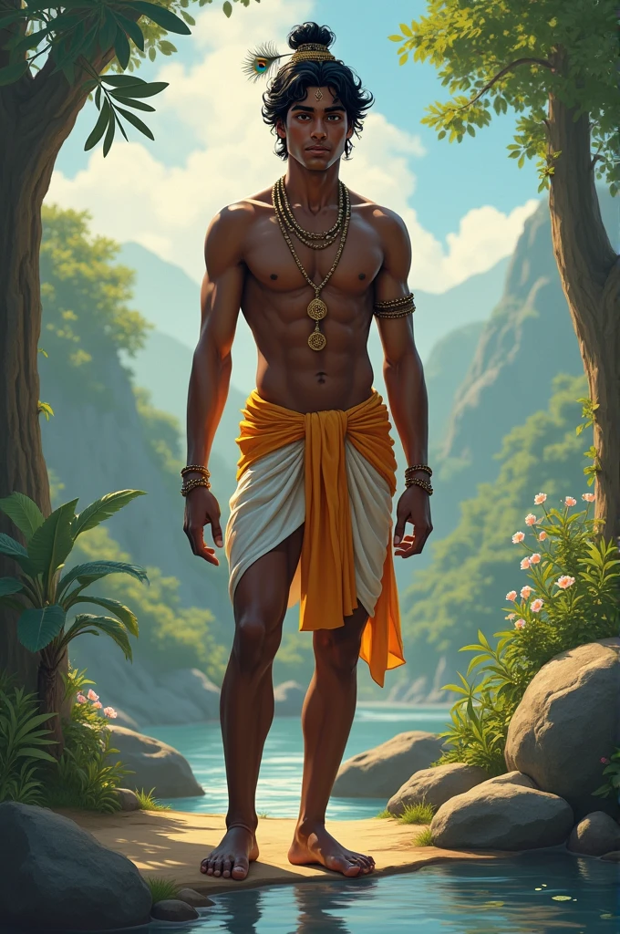 illustration that evoke stoicism men from 25 years old, shirtless, barefoot, strong, slim body 1. Virtue as the Only Good Style: Classical realism, focusing on the human figure and symmetrical composition. Color palette: Warm, earthy tones (ochre, sienna, gold) to convey wisdom and connection to nature. Expression: A serene and thoughtful gaze, lips slightly pursed in an enigmatic smile. Hands clasped over the heart, symbolizing introspection and connection to a higher powe