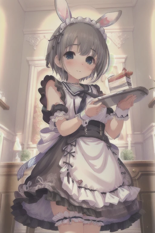 (masterpiece,  best quality,  best quality,  Official Art,   Beautiful and Aesthetic:1.2), ( 1 girl, cute:1.3),  Extremely detailed,  colorful , HIGHEST DEFINITION  ((Super detailed)), (  highly detailed CG illustration  ), (( extremely delicate and beautiful )),Alone, indoor,  standing ,  black hair,   blue eyes,  Bunny ears, Maid, Maid apron,  ribbon choker ,  for women, Look up, Thighs,  skirt flip,(Lift the cake onto the tray:1.4),, shorthair , small breasts