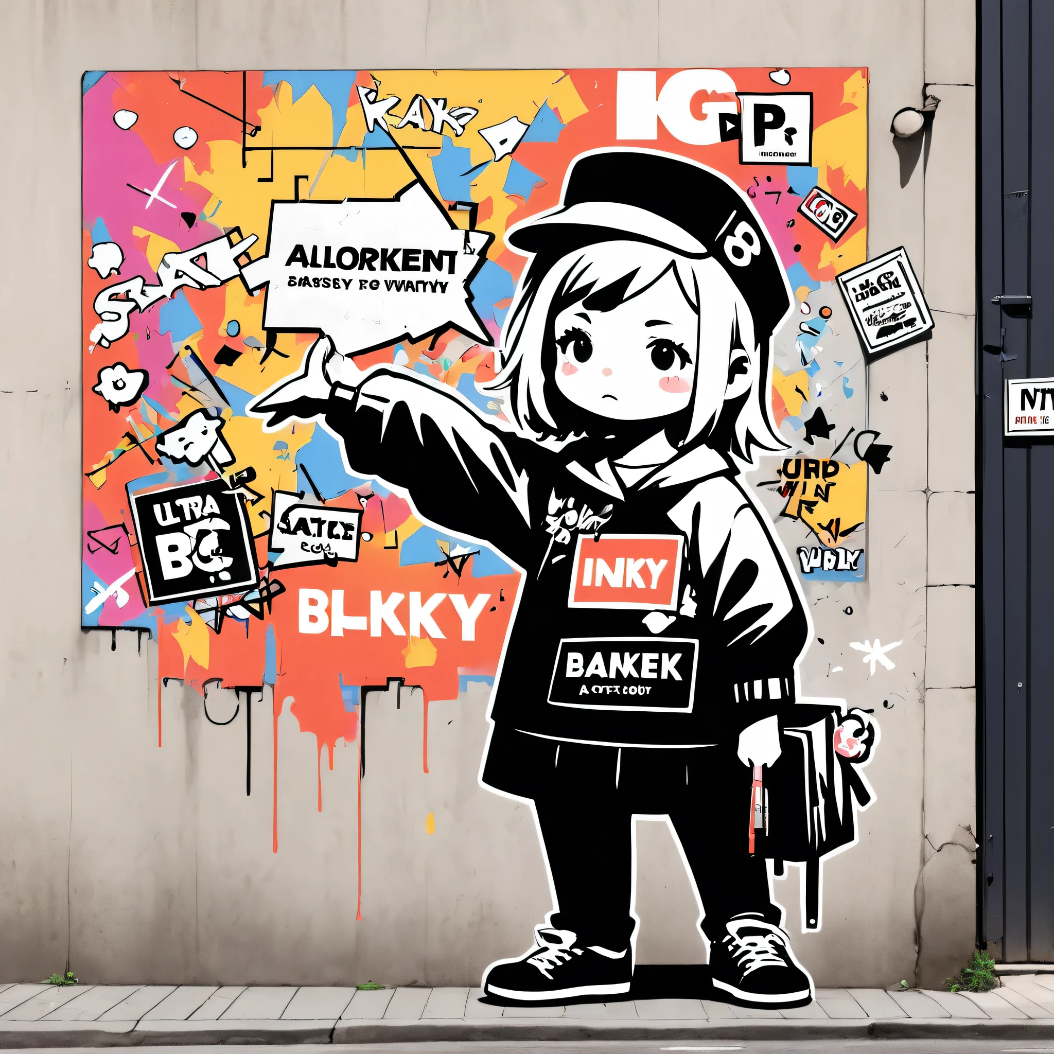 Ultra-realistic Banksy style, Simple line acronym abstract art, Cute design, (((Background is discarded))), Street fashion,