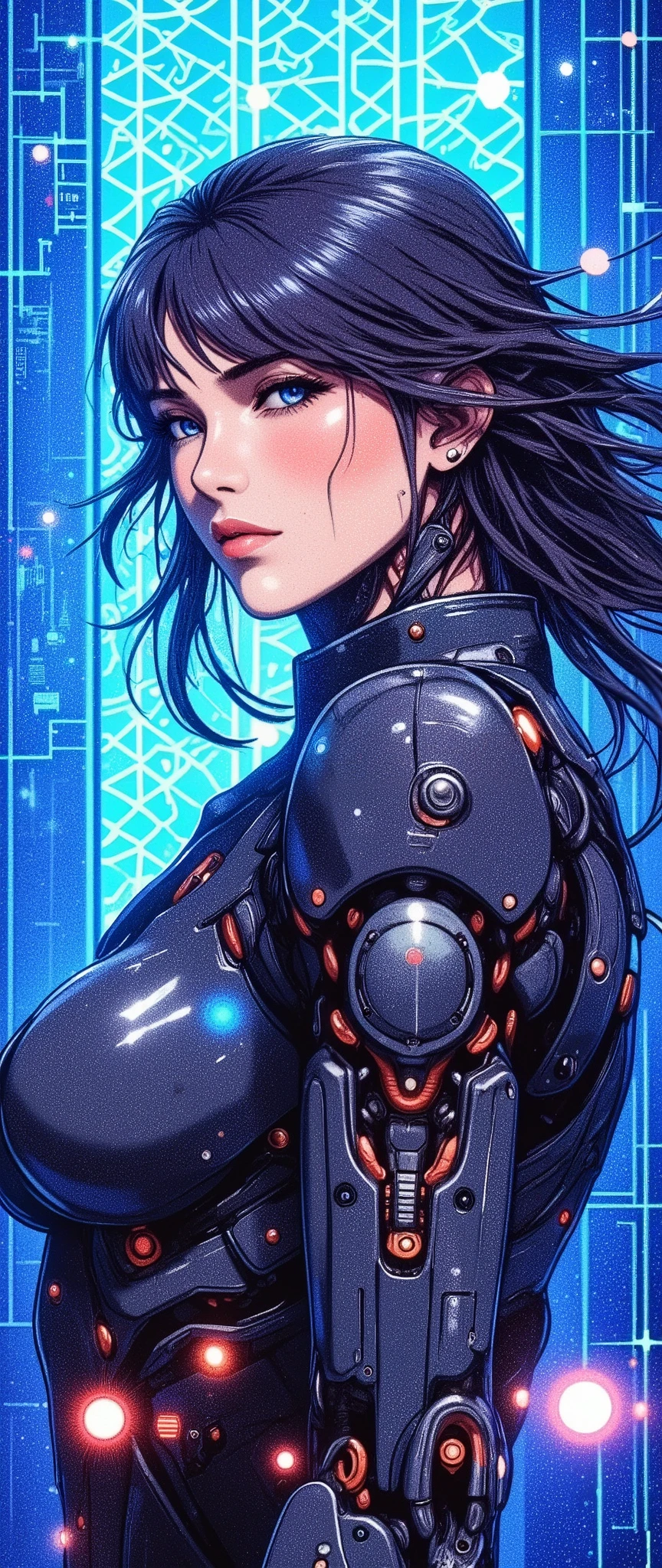 (masterpiece, best illustration,Super detailed),( android woman),(front:2.0),( beautiful face),( beautiful eyes),( is looking over here:2.0),(Serious:2.0),( hair that flutters like:2.0),(The background is a blue hologram with a large blue lattice pattern),( detailed hands :2.0),(Beautiful female hands:2.0),(Neon colored planetary groups in the background:2.0)