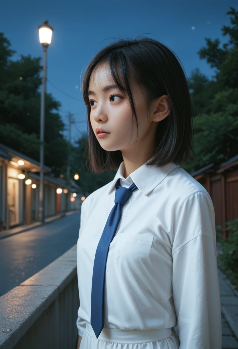 real human skin,very detailed,Asian,black hair,medium hair,small breasts,white dress shirt,half sleeves,blue necktie,outdoor,night,upper body