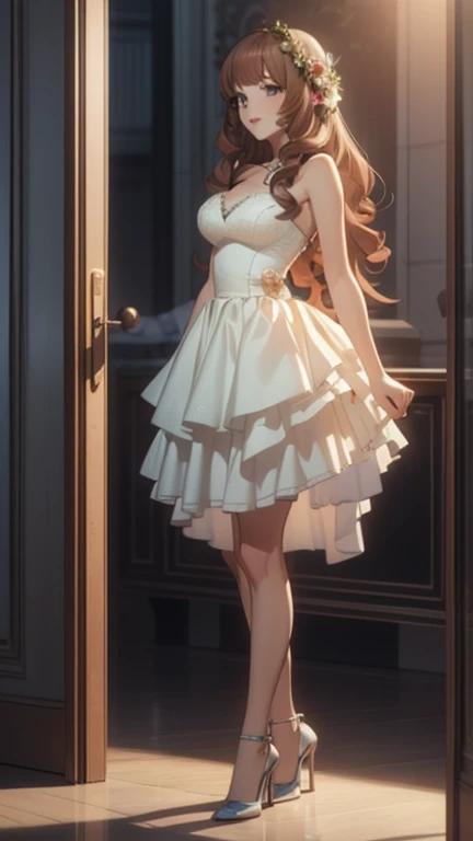  1 girl,  absurd, masterpiece,  several people having fun with each other while having very detailed ,  best quality, Illustration, Game CG,   solo focus , beautiful detailed eyes, light makeup,  glossy lips,  let go of her lips, ,  Wedding Dress ,  high heels,  standing 