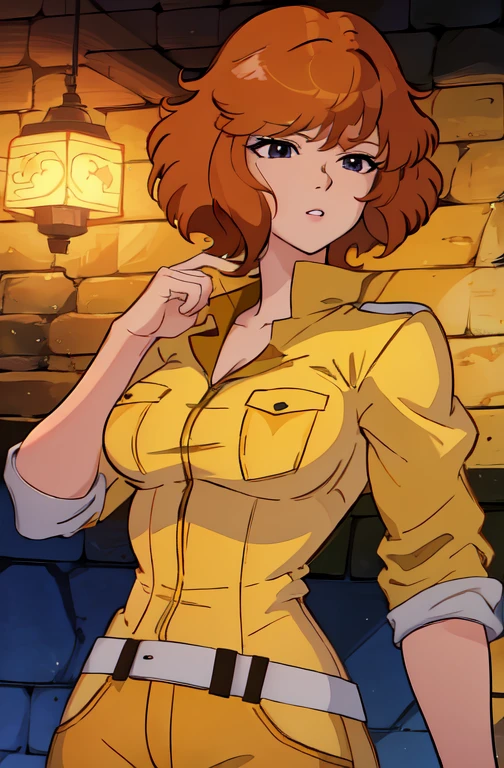 Cowboy shot, April O'Neill, 1girl, brown hair, orange hair, Short hair, Yellow jumper suit, Hip jumper suit, big breasts, Huge_TITTIES, cleavage