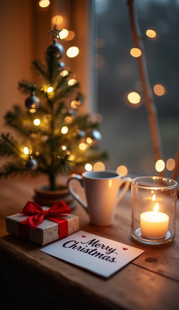   high quality photo .  Minimalist style Ultra clear HD  . 木桌上有銀色飾 high quality photo .  Minimalist style Ultra clear HD  .   A small Christmas tree with silver decorations on a wooden table with Christmas decorations. Exquisite little gift  . red bow .  on a card with cute font ,  that says “Merry Christmas”  !.  Minimalist clear glass camping lamp  .  Glass candle  .  White porcelain coffee cup  . Wild Bokeh background  ，  A beautiful night light adds a romantic Christmas atmosphere  