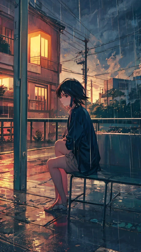  anime girl sitting on the balcony and staring at the city, Rainy Night, late night  it's raining , it is night and  it's raining , Anime atmosphere, Rainy Evening,  it's raining  at night,  it's raining , while it's  it's raining , ( ( Makoto Shinkai ) ), lofi feel, Rainy mood, by alena aenami,  Atmospheric Anime , at night, Lo-fi Girl