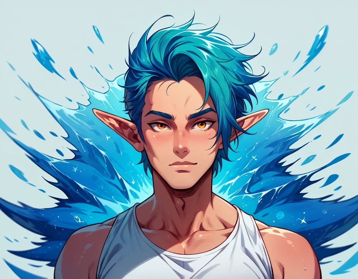 best quality,masterpiece,Ultra high detail,A handsome muscular fractal aqua hair water elf druid prince, Short hair,topless,),(wearing blue wardrobe with jewelry ),realistic, water splash background, light environment 