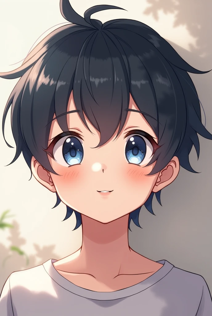 kind anime boy with black and white hairs and blue eyes smiling