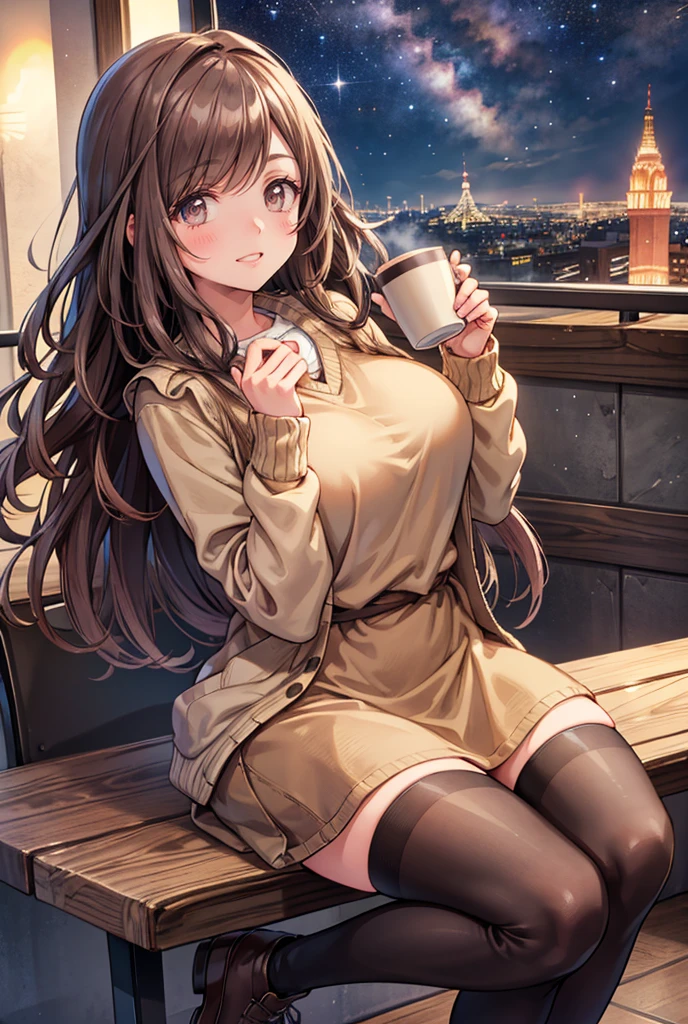  1 girl, Alone,  High Resolution , Long Hair, (Large Breasts),  looks,  blushes, smile, Brown Hair, masterpiece, accurate,  anatomically correct,  Multiple Award Winners ,  detail,  high definition models, High detail, high quality,  very detailed , retina,  textured skin,  Ultra-fine, whole body, Italian cityscape, Black sweater,  Beige miniskirt, Brown long boots, Italian cafe , autumn, night, Starry Sky, Terrace seats, Cooking on the desk,  sit on a chair,  brown eyes , smile, Open your mouth,Accentuate your lower body,  Knee-High Socks , holding a coffee cup, Spread your legs, Put on a cardigan,