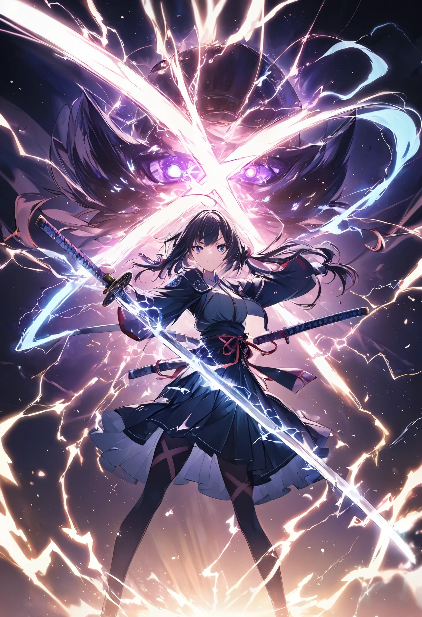 An anime illustration of a huge "X" logo being cut into pieces by a large KATANA that emits electricity. Intense electricity emission effect. masterpiece, best quality, extremely detailed CG unity 8k wallpaper,