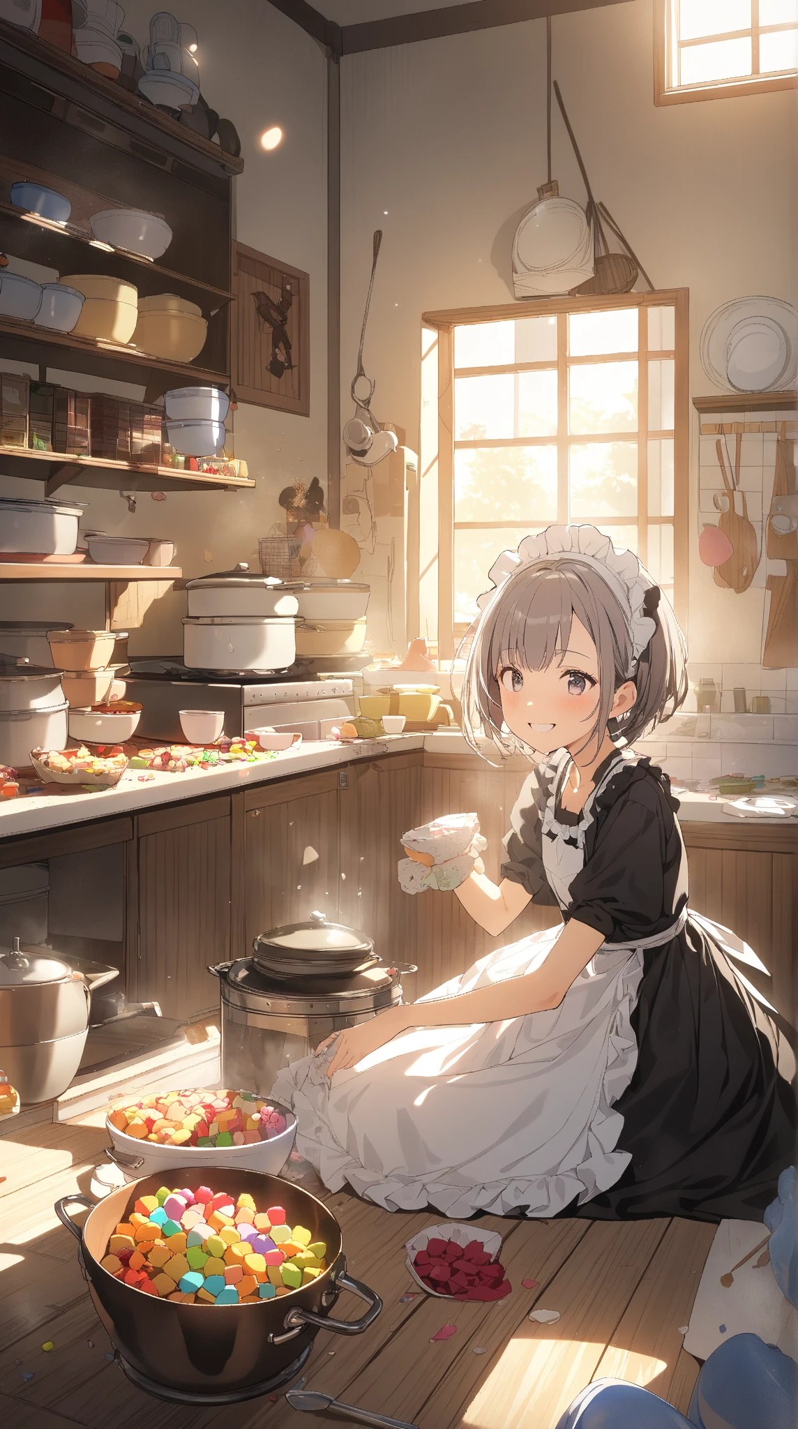 1 girl, ( cute face), Short Hair, to many hairstyle, Frilled Aprons , black dress, Headdress with Ribbons, knee-high socks, Absolute territory, Pottery skin , small , break, In the Warm Light , ( homely atmosphere :1.2), Feeling Relieved , break, Beautiful Kitchen , Pile of sweets , Smiling Characters , Everyday Scenes, game cg, absurdres, highres icon, ultra detailed, beautiful, masterpiece, best quality