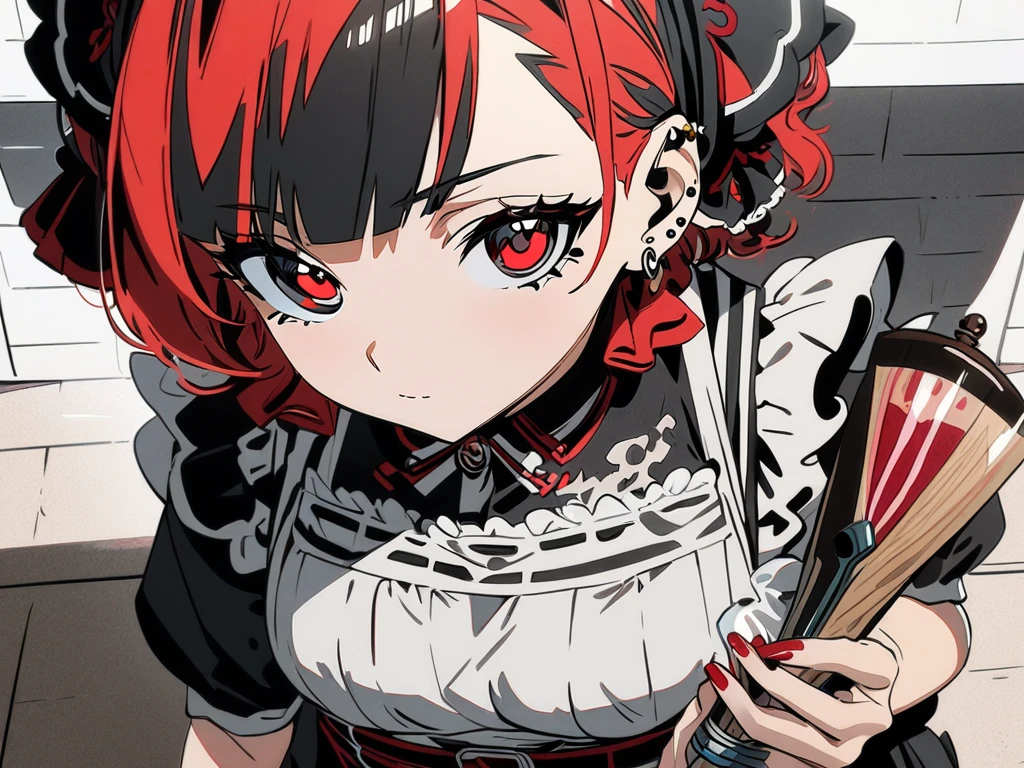 1girl,solo,unpleasant smile of a girl who loves knife,Ppychopath,horror,red hair,red eyer,big breast,blood on face,holding knife,juicy,holding knife by the handle, full body