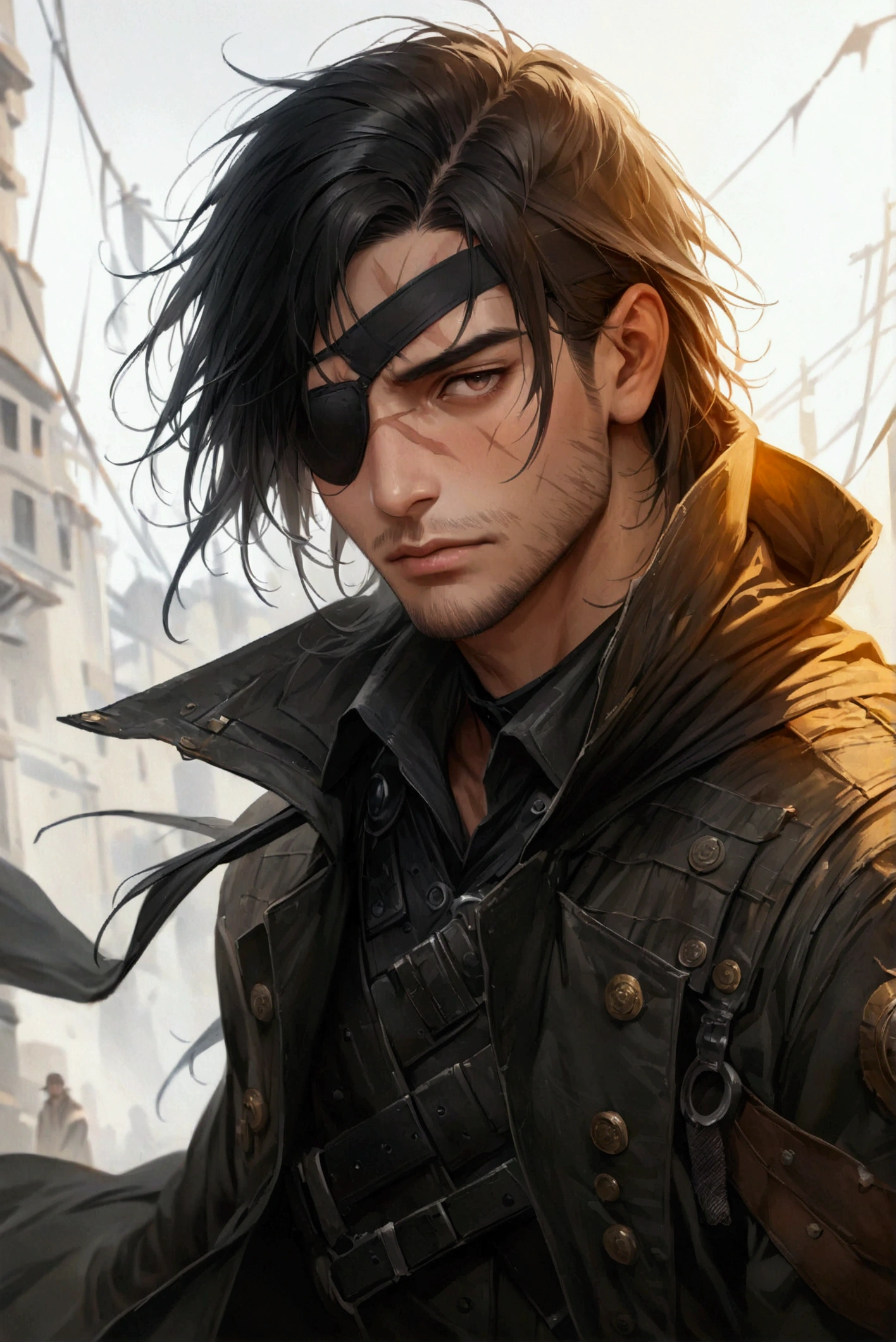 Highest image quality, outstanding details, ultra-high resolution, (realism: 1.4), the best illustration, favor details, highly condensed male, black haired man, lone male, medium-length hair, left eyepatch, eyepatch, rugged clothes, scar on face, gloves, long coat, facing towards camera, male only, battleworn clothes, long coat