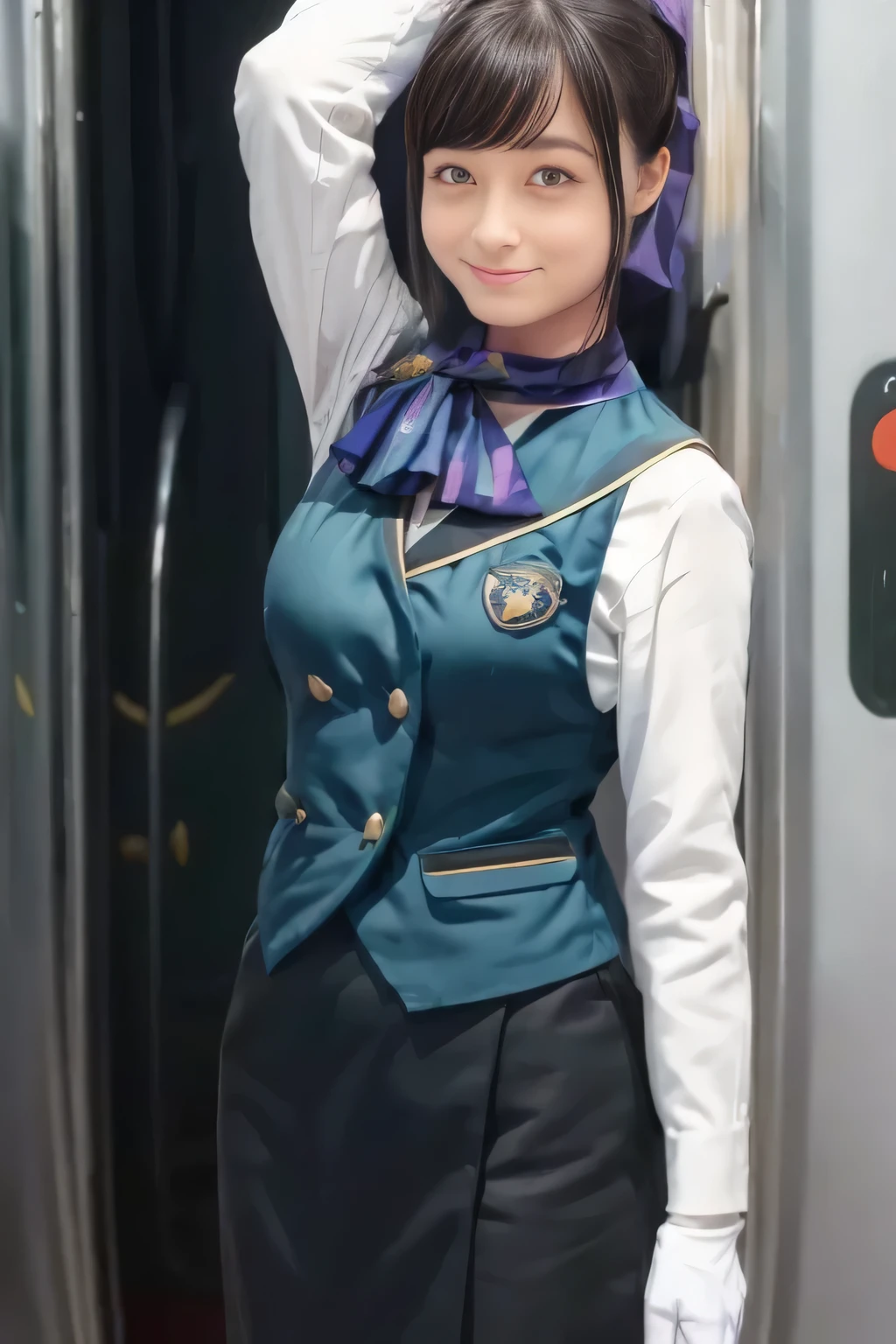 (masterpiece:1.2, best quality:1.2), 32kHDR, kampala, (Alone、 1 girl)、(What is 、 Professional Lighting)、In-flight background、(Nankai Train crew uniformを着たリアルなスタイル)、((Nankai train crew uniform green vest))、(( Nankai train crew uniform collarless white long sleeve blouse)) 、((Black Curly Culotte Skirt 、Scarf around the neck))、 Dark brown hair 、( Long Hair、Hair tied up、Hair tied up)、 Dark brown hair 、 Long Hit 、Big Breasts、Thin legs、((Great hands:2.0)),(( Harmonious Body Proportions :1.5)),((Normal limbs:2.0)),((Usually refers to:2.0)),(( DELICATE EYES:2.0)),((Normal eyes:2.0)))、smile、(Nankai Train crew uniformを着た美しい姿)、Hands clasped underneath